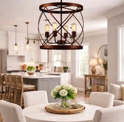 Brand new Modern Industrial 4-Light Chandelier – Dark Bronze Round Cage Pendant Light