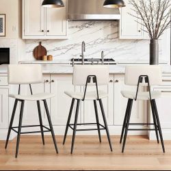Set of 3. Counter Height Bar Stools, Faux Leather Upholstered Barstools, White