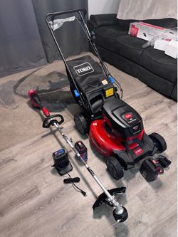 BRAND NEW TORO RECYCLER 60 V MAX 21 INCH CORDLESS SELF-PROPELLED LAWNMOWER 5Ah AND FLEX FORCE 60 V MAX 16 INCHES STRAIGHT SHAFT BATTERY STRING TRIMMER