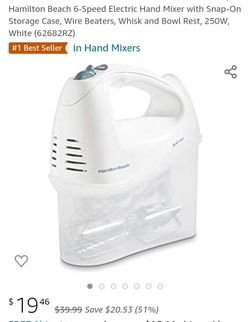 Hamilton Beach 6-Speed Electric Hand Mixer with Snap-On Storage Case, Wire Beaters, Whisk and Bowl Rest, 250W, White (62682RZ)