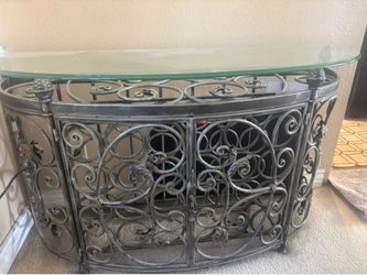 Ornate Wrought Iron Half Moon Console Table with Glass Top