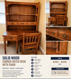 Solid Wood Rustic Corner Hutch Desk with Chair