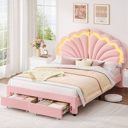 Full Upholstered LED Bed Frame with Storage Drawers, Velvet Princess Platform Bed with Adjustable Modern Shell Headboard, No Box Spring Nee