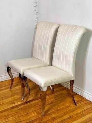 New Set Of 2 White Velvet Dining Chairs Rolled Back Silver Mirrored Stainless Steel Cabriole Legs