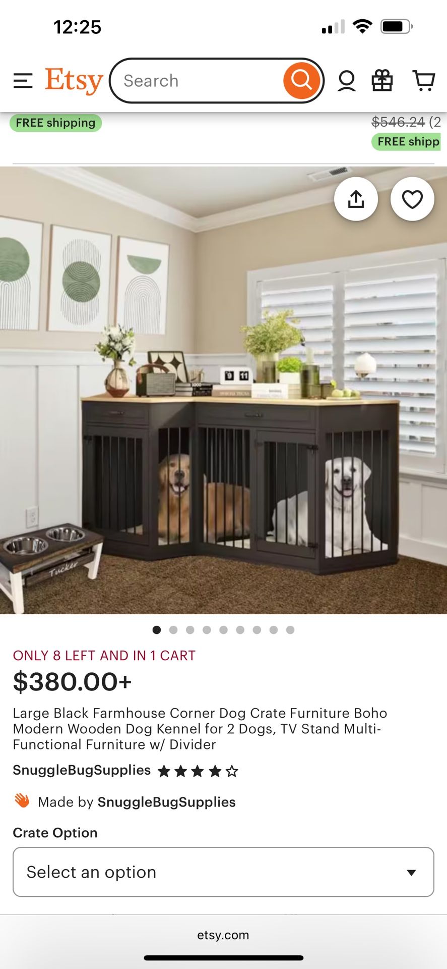 Large Black Farmhouse Corner Dog Crate Furniture Boho Modern Wooden Dog Kennel for 2 Dogs