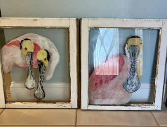 Florida Spoonbills Hand Painted On Antique Windows