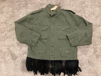 ZARA Women’s Olive Green Denim Jacket with Feather Trim – Military Style Jean Jacket Size:M