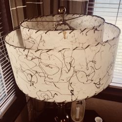 VINTAGE 1950’s RAWHIDE DRUM STYLE TWO TIER LAMP SHADE WITH GOLD EMBELLISHED AROUND BOTH TIERS 17 Inches Wide X 9 Inches Tall Hand Made w/ BRASS FRAME 
