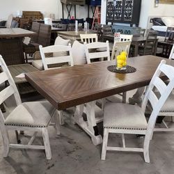 Valebeck Beige/White Dining Table and 6 Chairs