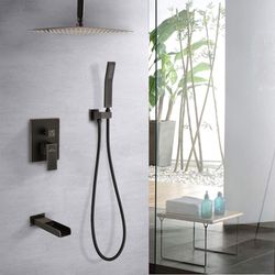 Shower System Rain Shower Faucet Set with Tub Spout,10 inch Bathroom Wall Mounted Waterfall Bathtub Faucet with Handheld Spray and Rough-in Valve Body