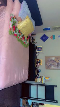 Queen bed set with bookshelf for sale (mattress included)