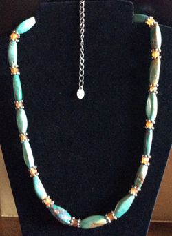 TURQUOISE, SILVER AND AMBER NECKLACE