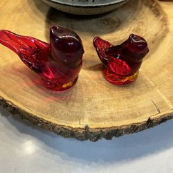 Two Vintage Blown Glass Red Cardinal Bird, Titan Large Red Glass Cardinal Bird, Bird Cardinal Paperweight, Signed Bird W Ward 1991