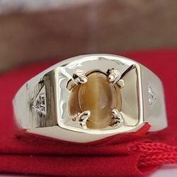 ❤️10k Size 8.75 Beautiful Solid Yellow Gold Tiger Eye and Genuine Diamond Ring!/ Anillo de Oro con 1 Ojo de Tigre y Diamantes! 👌🎁Post Tags: 10k 14k