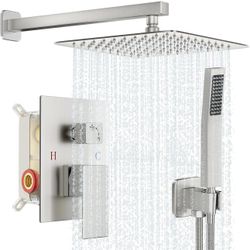 Shower Faucet Set Bathroom Square Rain Shower Head and Handle Set, Wall Mounted Shower Fixtures With Shower Valve and Trim Kit 12 inch Brushed Nickel