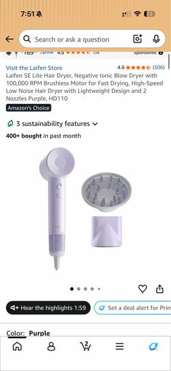 Laifen SE Lite Hair Dryer, Negative Ionic Blow Dryer with 100,000 RPM Brushless Motor for Fast Drying, High-Speed Low Noise Hair Dryer with Lightweigh