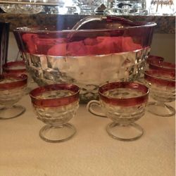 Beautiful Antique Ruby Red Flash Punch Bowl Set. Includes ladle and 12 cups. 