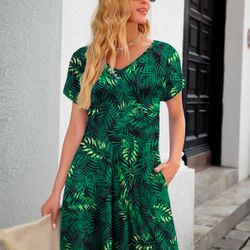 Women's Vintage Ethnic Floral Crew Neck Tunic Midi Dress