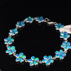 925 Silver 8” Blue Opal Flower Anklet/Bracelet 15.40g 166655/3 