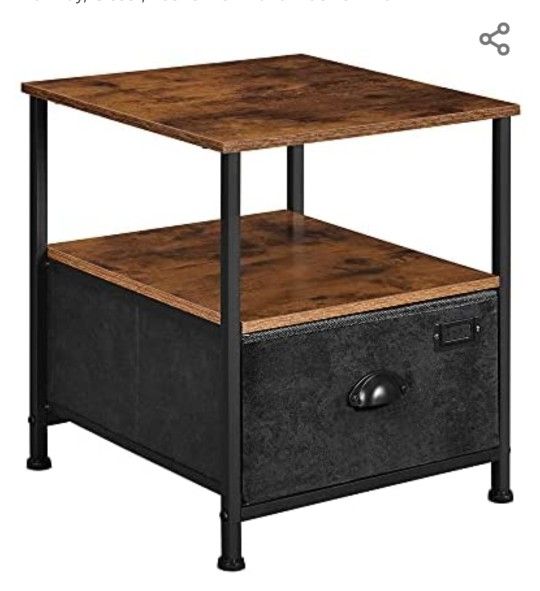 Nightstand, 3-Tier Bedside Table with Drawer, 2 Shelves, Fabric Drawer Dresser, Industrial End Table, for Hallway, Closet, Rustic Brown and Black