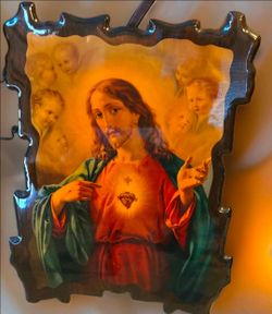 Christianity Sacred Heart of Jesus Print with Angels on Shaped Wooden frame 2ft W x 2.5 H (Pre-Owned)