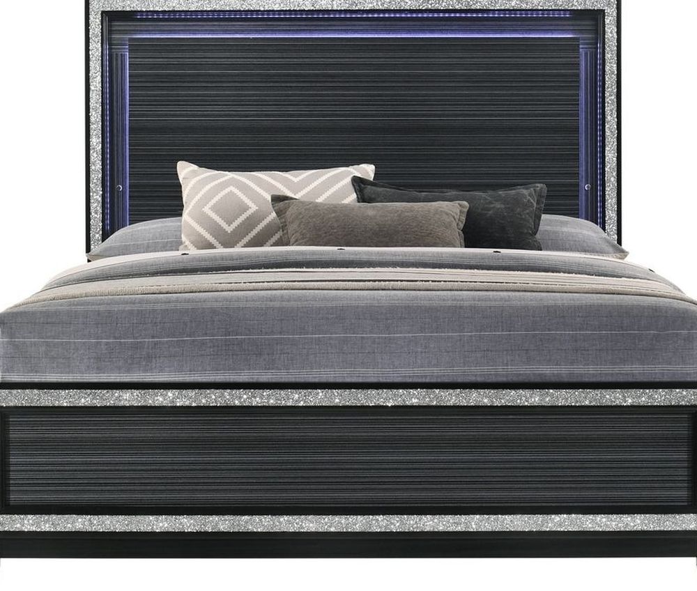 GLAM BLACK FINISH LED LIGHT QUEEN SIZE BED - CAMA