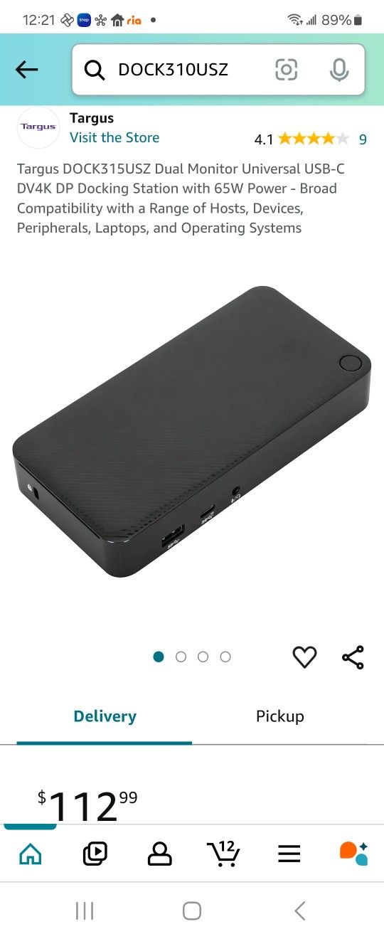 Targus DOCK315USZ Dual Monitor Universal USB-C DV4K DP Docking Station with 65W Power