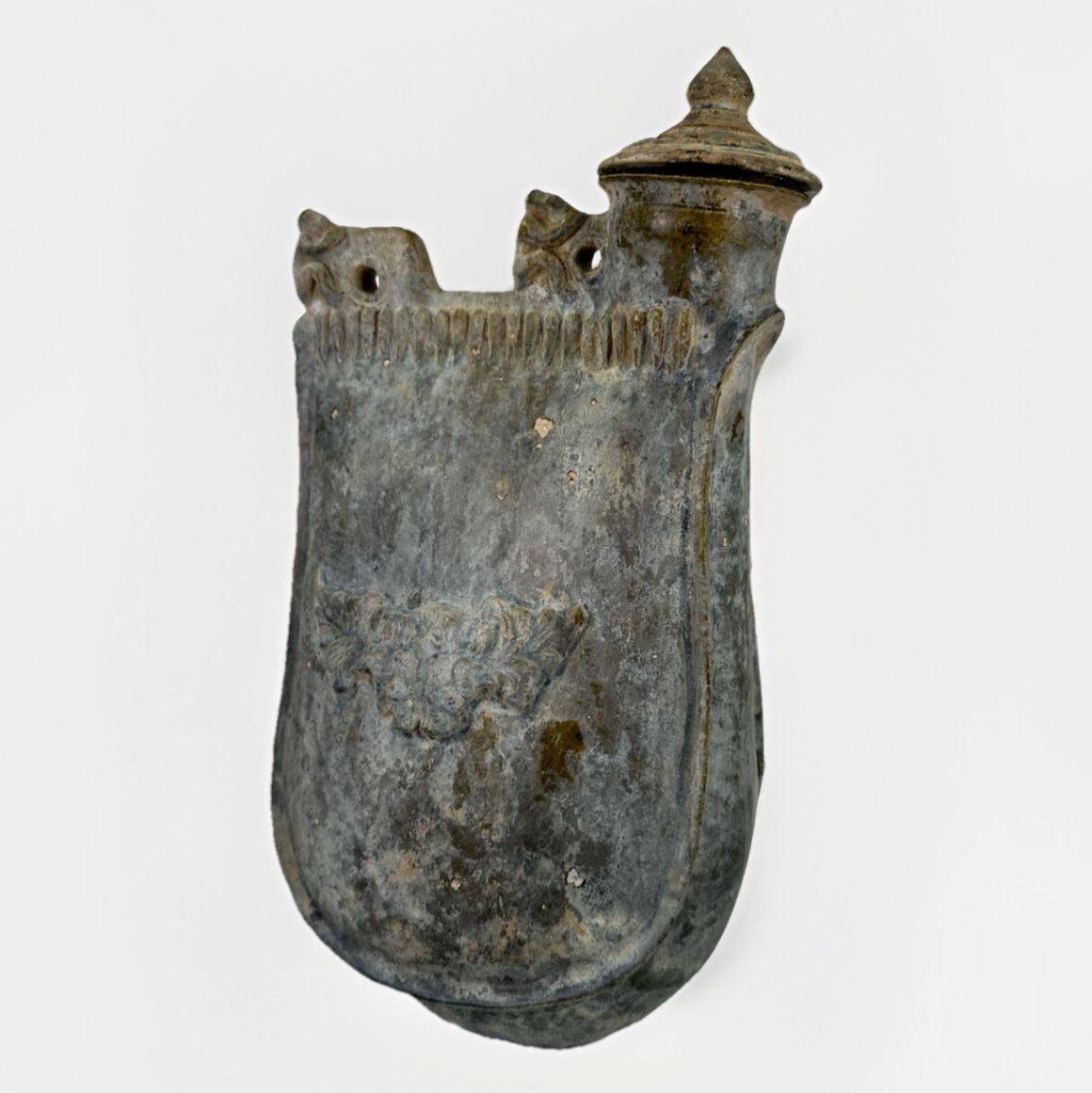 Antique Chinese Liao Dynasty (contact info removed)AD Green Glazed Pottery Pouch-Form Flask