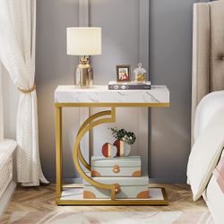 Side Table White Gold C Shaped End Table Modern Bedside Tables Small Chairside Table for Couch, Sofa Table with Metal Frame for Living Room (1, White+