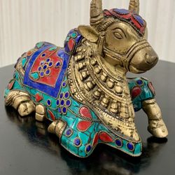 Vintage solid brass w/ stone inlay sacred bull of the Hindu god Shiva