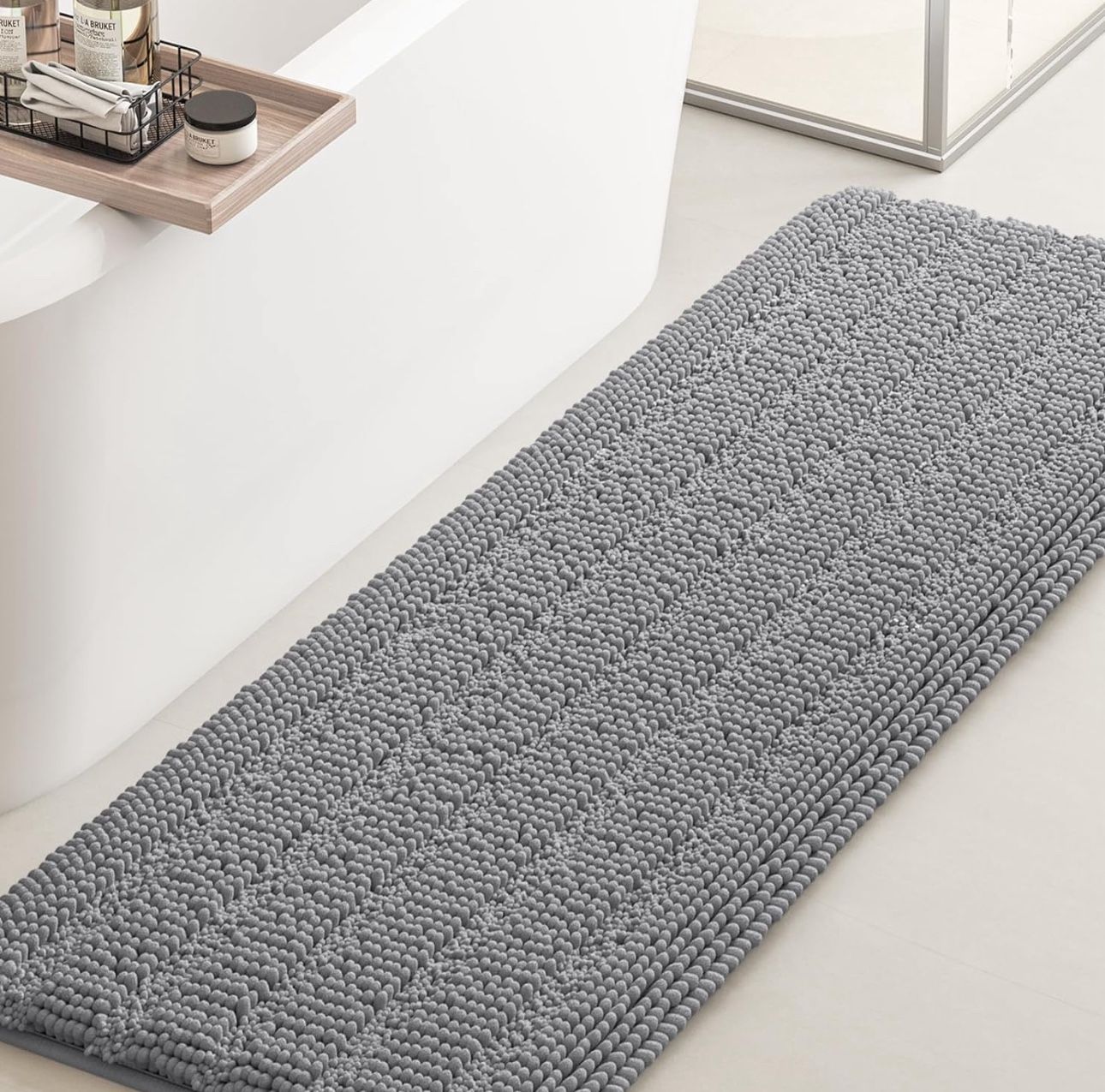 ACCUMTEK Striped Light Grey Bathroom Rug Mat 70"x24" Ultra Soft, Non Slip Chenille Bath Rugs, Absorb