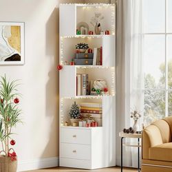 Corner Bookshelf, 70.87" Tall Corner Bookcase with Drawers, Corner Shelf Storage Display Rack for Living Room Home Office, White  Material E