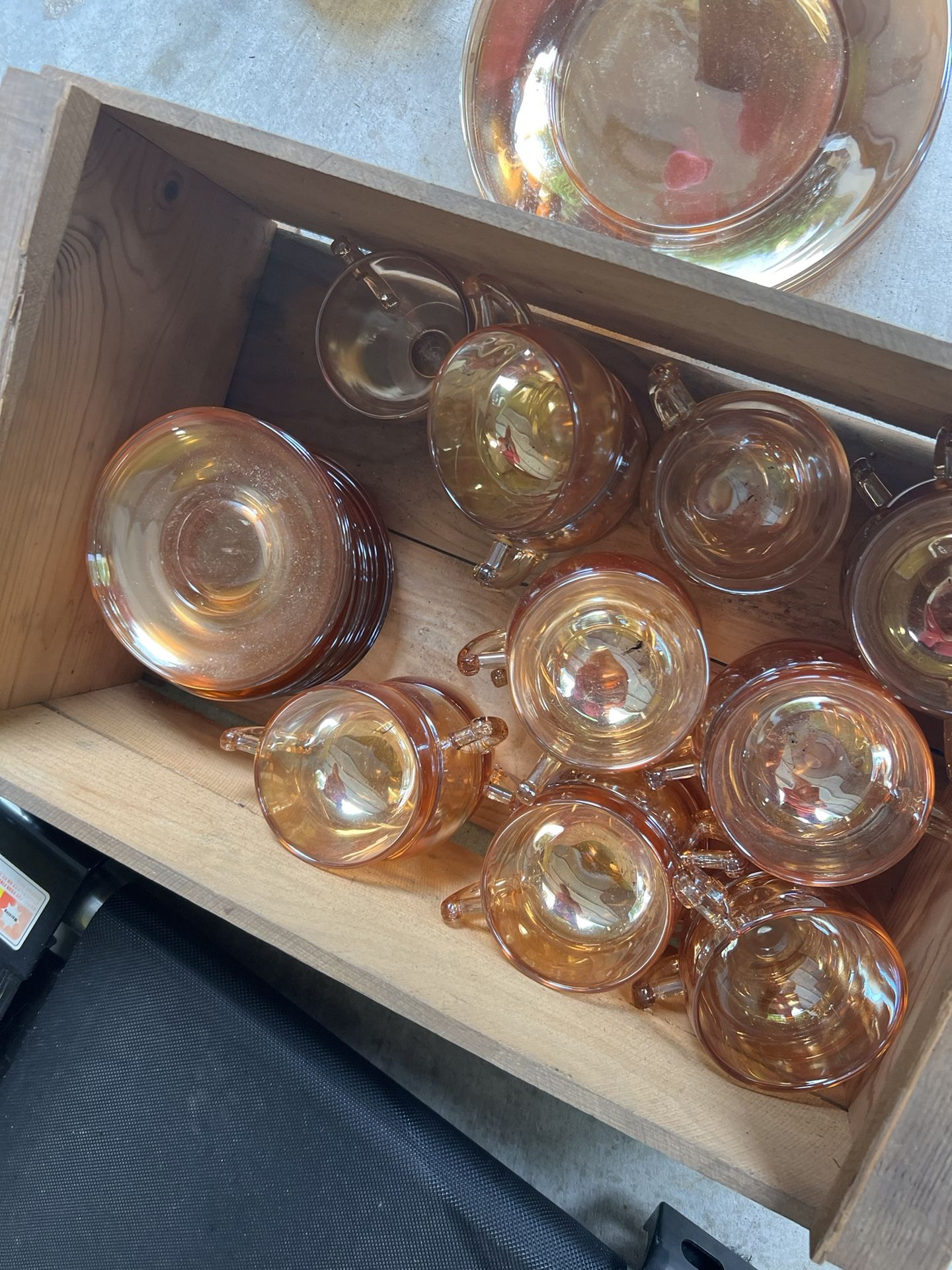 VINTAGE 46-PIECE MARIGOLD AMBER/ORANGE IRIDESCENT CARNIVAL GLASS DINNERWARE SET