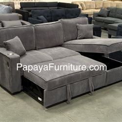 New! 89”L Reversible Grey corduroy Sectional Sofa Bed, Sectional Sofa Bed, Grey Sofa, Sleeper Sofa, Grey Couch, Reversible Sectional, Sectional Sofa W