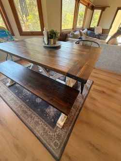 Farmhouse table, bench and two chairs