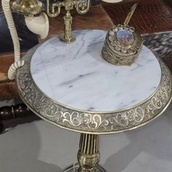 Retro Antique Brass Rotary Dial Telephone Table White Marble Top 30" x 14" 
