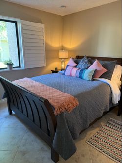 Queen Sleigh Bed w/ box spring and 2 night tables