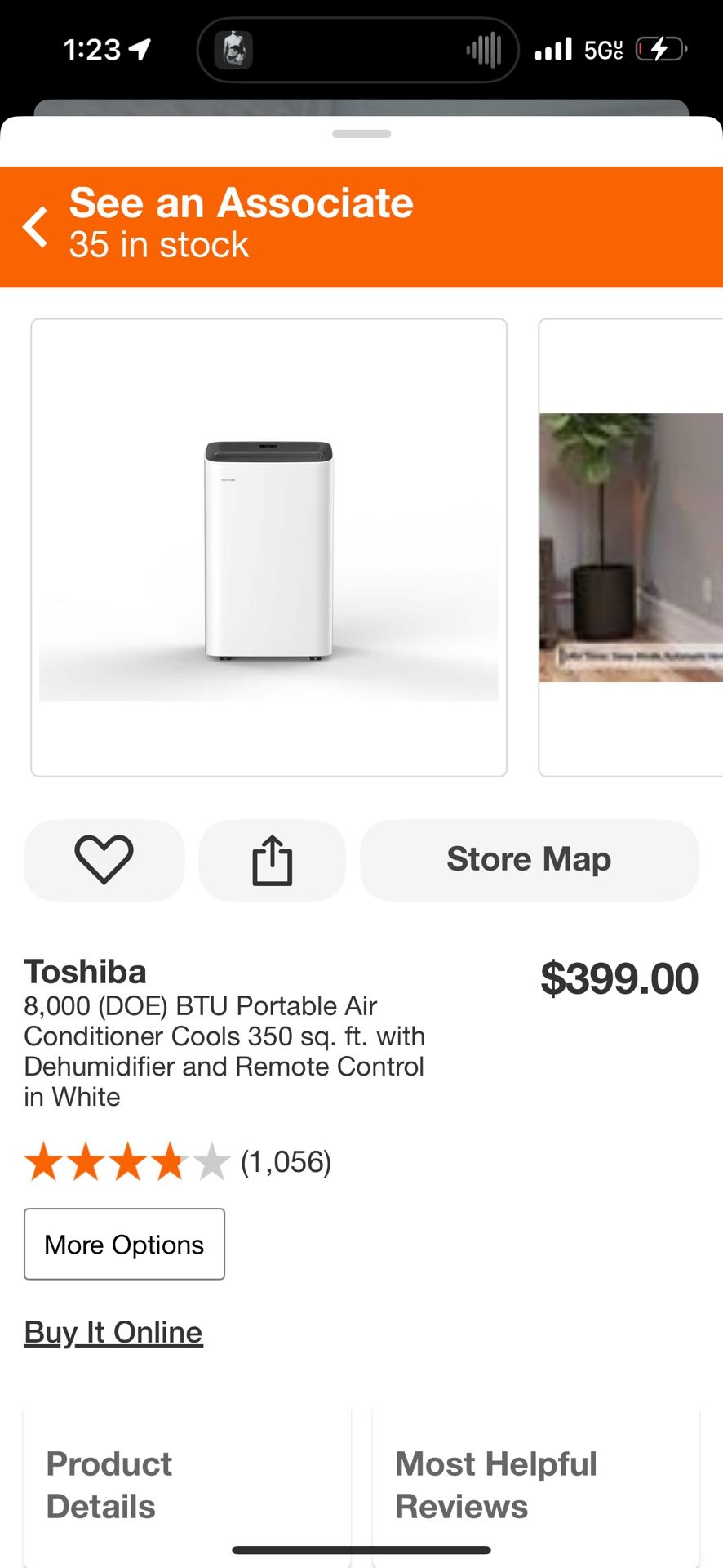 Toshiba 8,000 (DOE) BTU Portable Air Conditioner Cools 350 sq. ft. with Dehumidifier and Remote Control in White $399.00 (1,056)