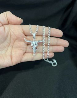 925 Sterling Silver Men's Womens Taurus Longhorn Bull Head & Curb Chain