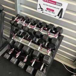 Top quality ⭐️New pair of 5,10,15,20,25,30,40,50,60lb rubber dumbbells with rack. $640
