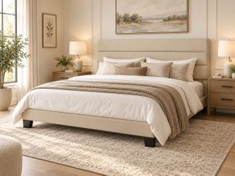 King bed Platform Bed Frame with Fabric Upholstered Headboard and Wooden Slats Support, Fully Upholstered Mattress Foundation/No Box Spring Needed/Eas