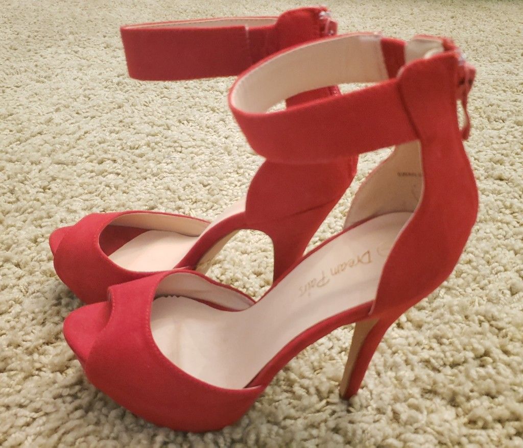 Red Velvet Stilleto Heels With Ankle Straps