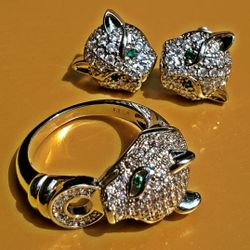 Silver Snow Leopard Ring And Cub Earrings 