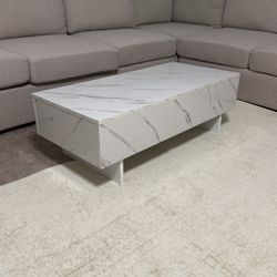 41" Marble White Cool Coffee Table for Living Room,Rectangular Glossy Smart Contemporary Center Table for Waiting Area,White 