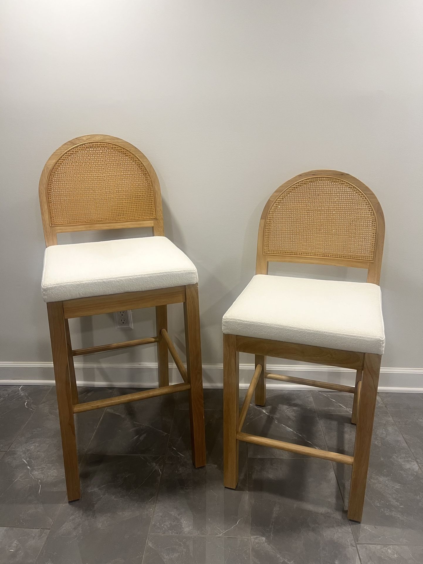 2 Boho Upholstered Rattan Bar Stools in Oak Finish