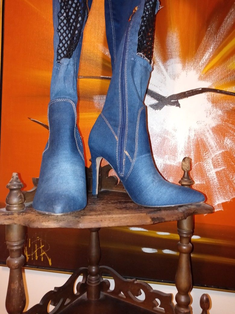Jean Thigh High Boot Heels(light&dark Blue)