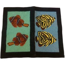 Vintage Handmade Woven Crewel Blue Green Fish Print Art Decor Wool Wall Hanging