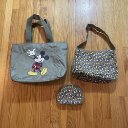 WALT Disney Mickey Mouse 3 Piece Set Tote Bag Purse Cosmetic Case Sequin - Green