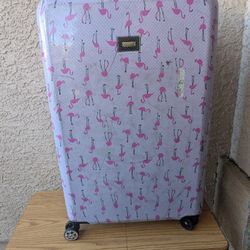 Betsey Johnson Flamingo Strut hardside spinner checked luggage 32x20x12