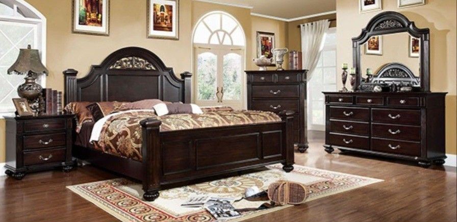 Brand New Dark Walnut 4pc Queen Bedroom Set (Available In California & Eastern King)